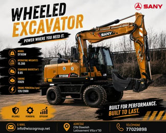 Excavatrice sur pneus SANY SY155W – 15,2 T