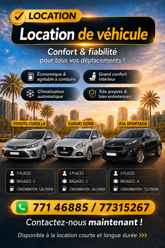 Location Toyota Corolla, Suzuki Dzire et Kia Sportage