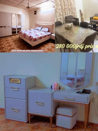 Chambre à coucher, salon et table avec 6 chaises en parfait état