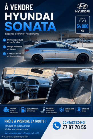 Hyundai Sonata 2016, diesel, intérieur spacieux et bien entretenu