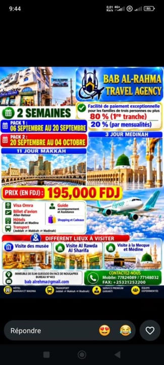Forfait Omra 11 jours à la Mecque et 3 jours à Médine à Djibouti