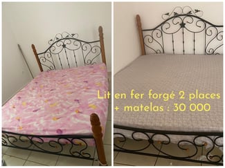 Lit en fer forgé 2 places avec matelas, 2 pièces disponibles