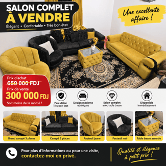 Salon complet noir et jaune moutarde en très bon état
