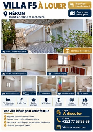 Villa F5 spacieuse avec terrasse et groupe électrogène Héron