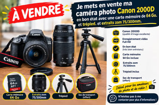 Canon 2000D avec flash et accessoires complets, 1 an d'utilisation