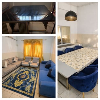 Salon complet avec canapés, fauteuils et salle à manger assortis