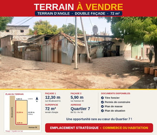 Terrain 72 m² double façade avec titre foncier Quartier 7