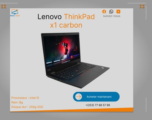 Lenovo ThinkPad x1 carbon, i5, 8 Go RAM, 256 Go SSD, clavier rétroéclairé