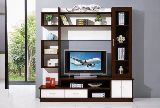 Meuble TV design avec rangements, neuf, bicolore
