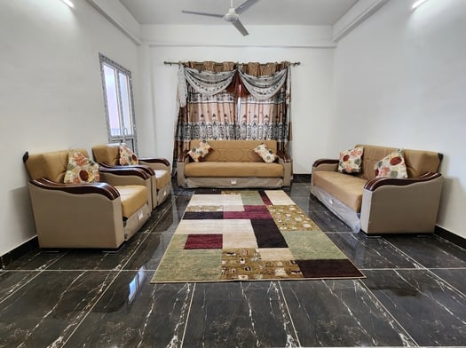 Salon Moderne en Très Bon État - Offre Rideaux et Tapis