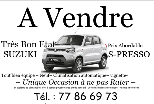 Suzuki S-Presso 2021, essence, manuelle, 65 000 km, excellent état