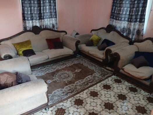 Salon complet en tissu de qualité, beige et brun, 6 coussins inclus