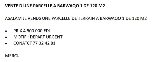 Terrain à vendre à Barwaqo 1 de 120m²