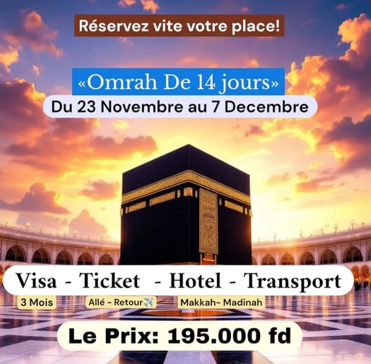 Forfait Omra complet - Visa 3 mois, hôtel proche Haram, transport inclus
