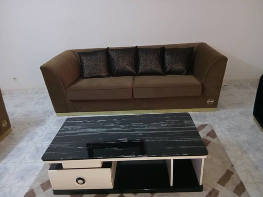 Salon complet en excellent état avec canapé, rideau, table et tapis