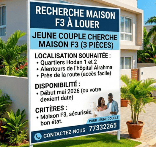 Recherche maison F3 à louer, Hodan 1 et 2, proche de l\'hôpital Alrahma