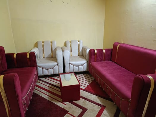 Salon en velours bordeaux, avec tapis et accessoires de décoration