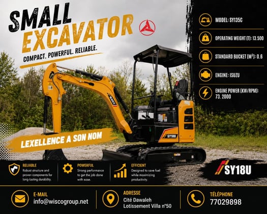 Mini-excavatrice SANY SY18U – 13,5 T, godet 0,6 m³