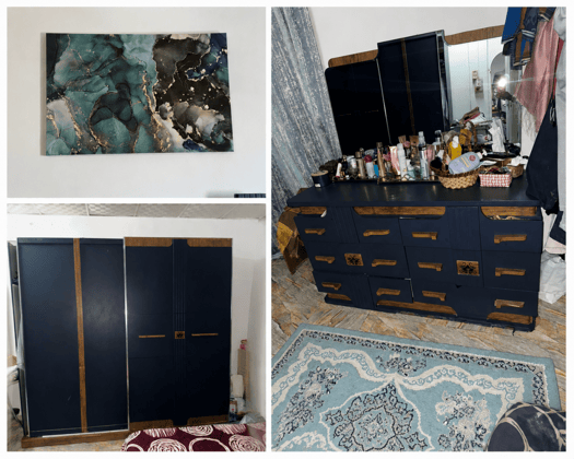 Chambre à coucher complète avec tapis et rideaux