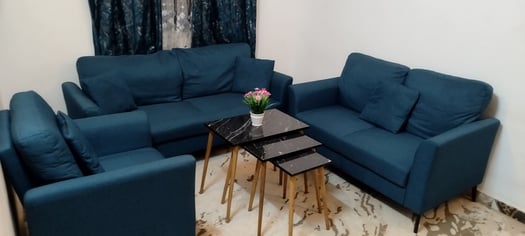 Salon neuf complet avec tables, tapis et rideaux
