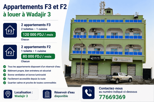 4 Appartements F3 et F2 à louer à Cité Wadajir 3