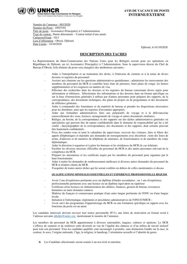 Avis de vacance de poste UNHCR