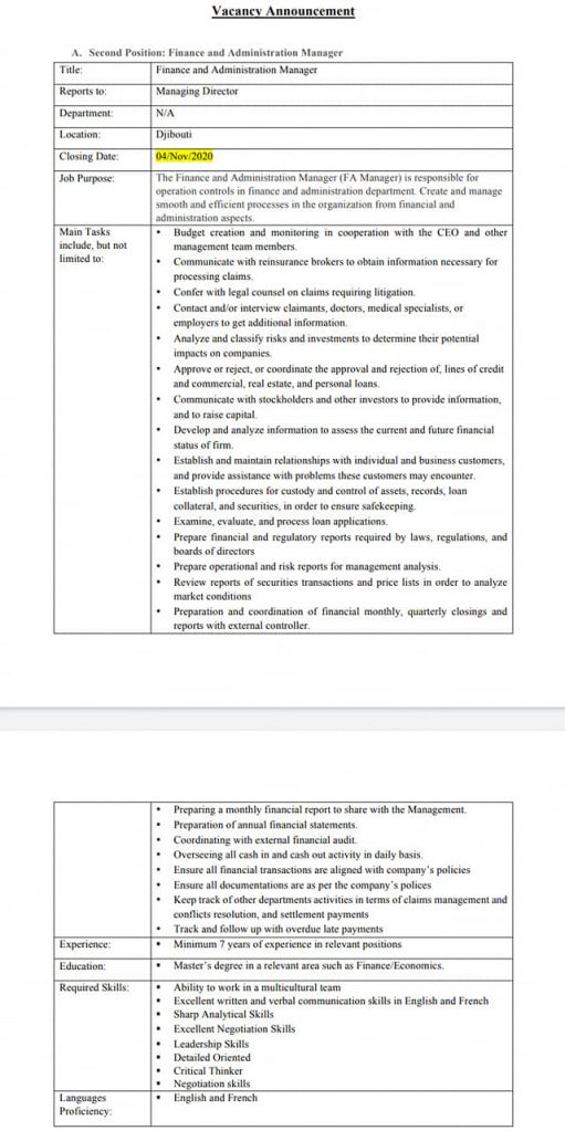 Poste à pourvoir Finance and Administration Manager