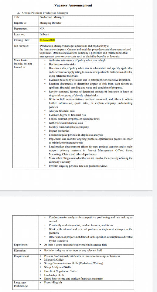 Postes à pourvoir Production Manager