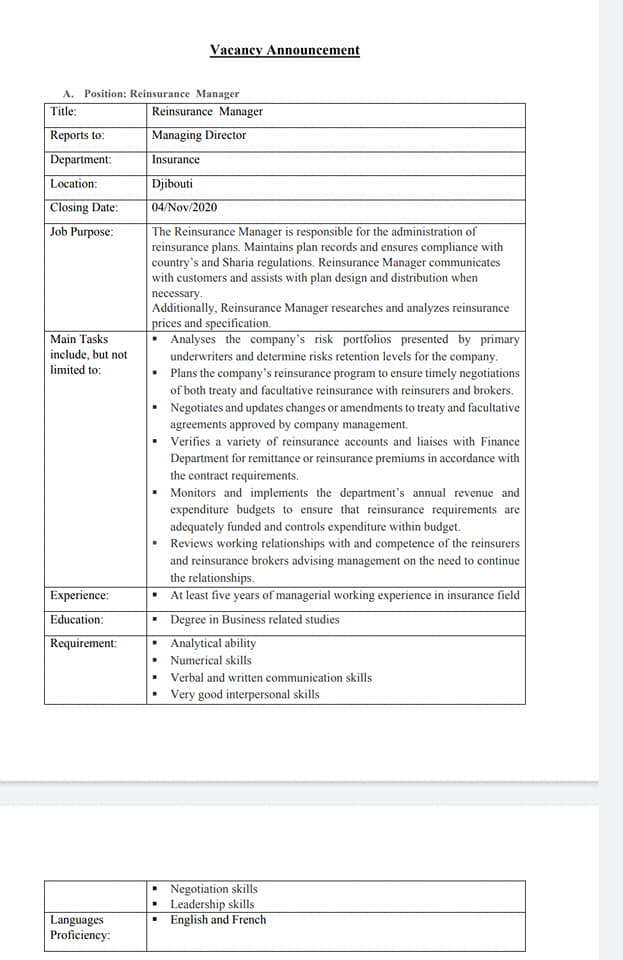 Postes à pourvoir Reinsurance Manager