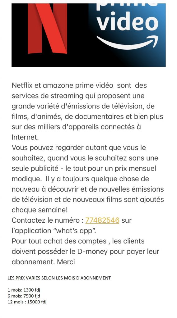 ACHAT DES COMPTES STREAMINGS NETFLIX ET AMAZONE PRIME VIDEOS