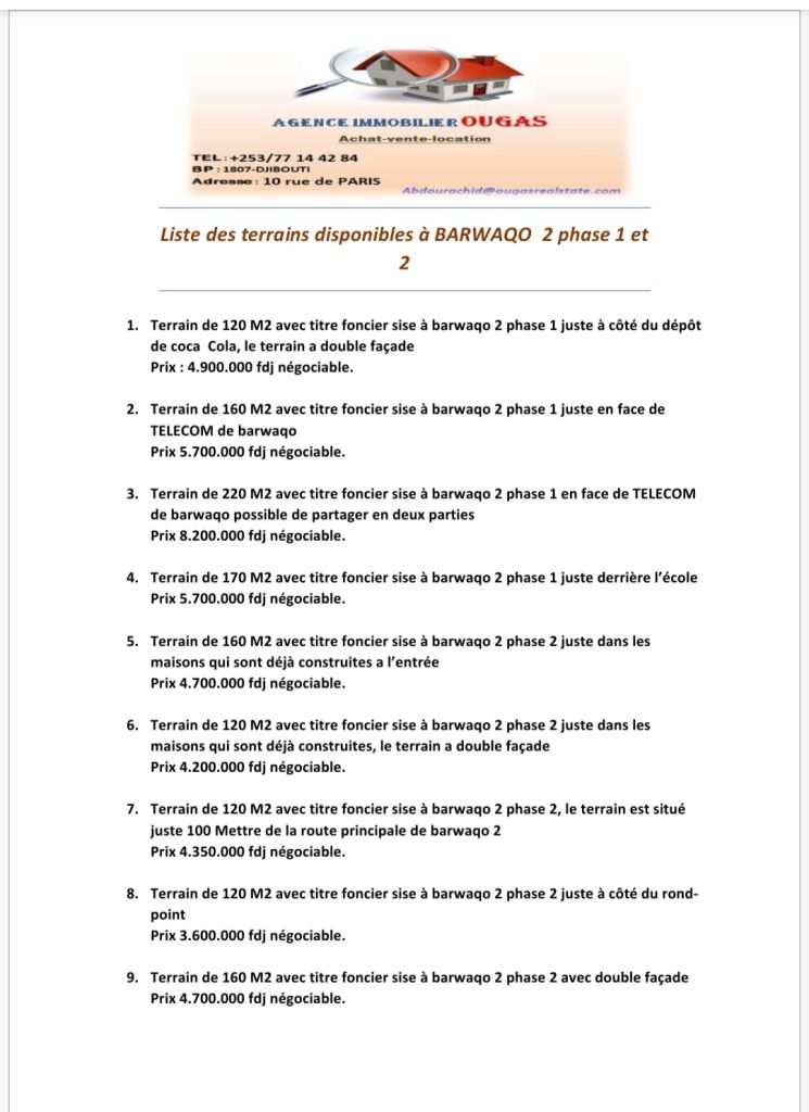 9 Terrains sise à Barwaqo 2 Phase 1 et 2