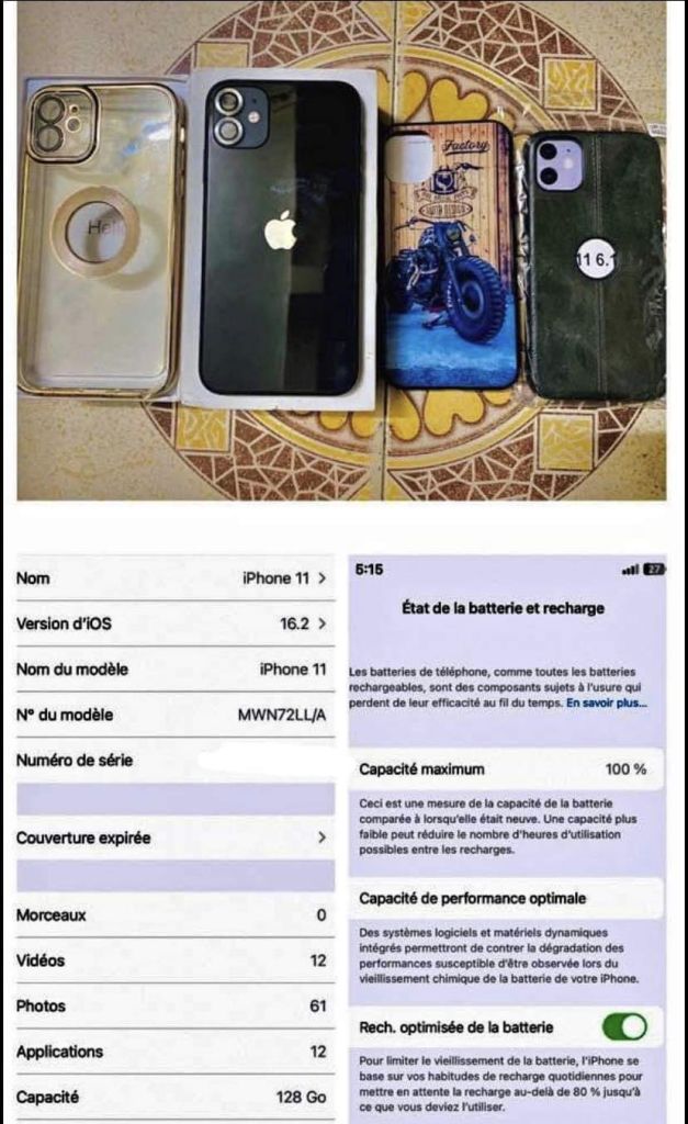 iPhone 11 128Gb état du batterie 100% négociable