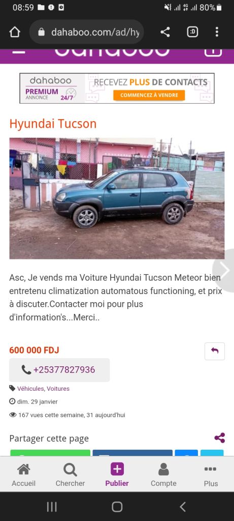 Voiture Hyundai model Tucson Année 2007