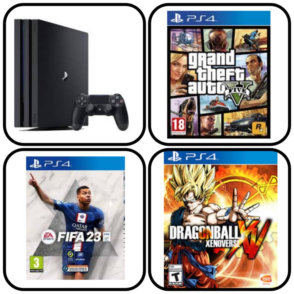 PS4 Pro 1To avec 2 manettes et jeux (GTA 5, Dragon Ball XV, FIFA 23)