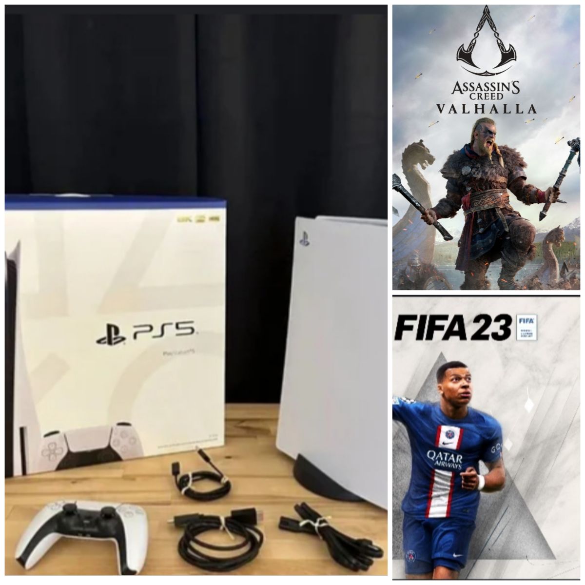 PS5 complet avec 2 manettes, FIFA 23 et Assassin\'s Creed Valhalla
