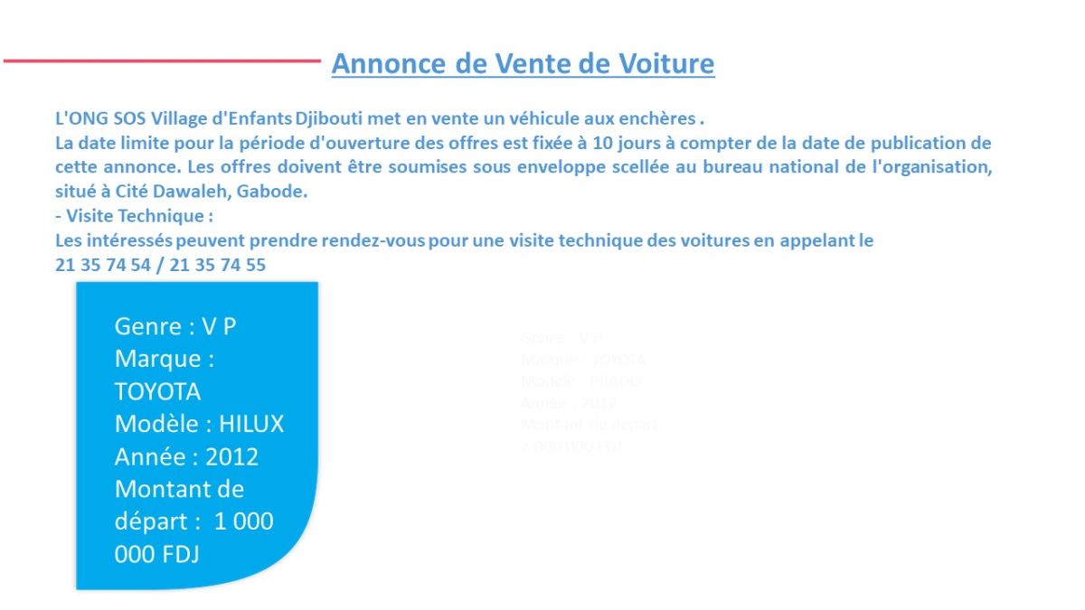 ONG SOS Village d\'Enfants Djibouti - Vente de véhicule aux enchères