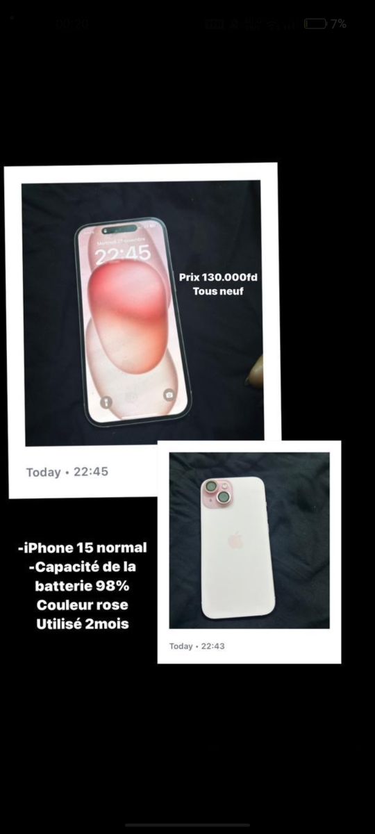iPhone 15 rose, capacité batterie 98%, comme neuf