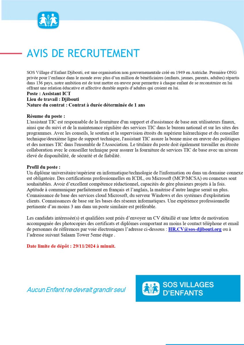Offre d\'emploi : Assistant informatique chez SOS Village d\'Enfants