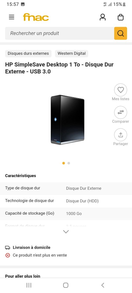 Disque dur HP noir 1 To à vendre, prix négociable