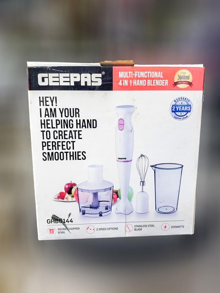 Mixeur Geepas 4 en 1, 200W avec accessoires neufs pour smoothies, soupes et hachis