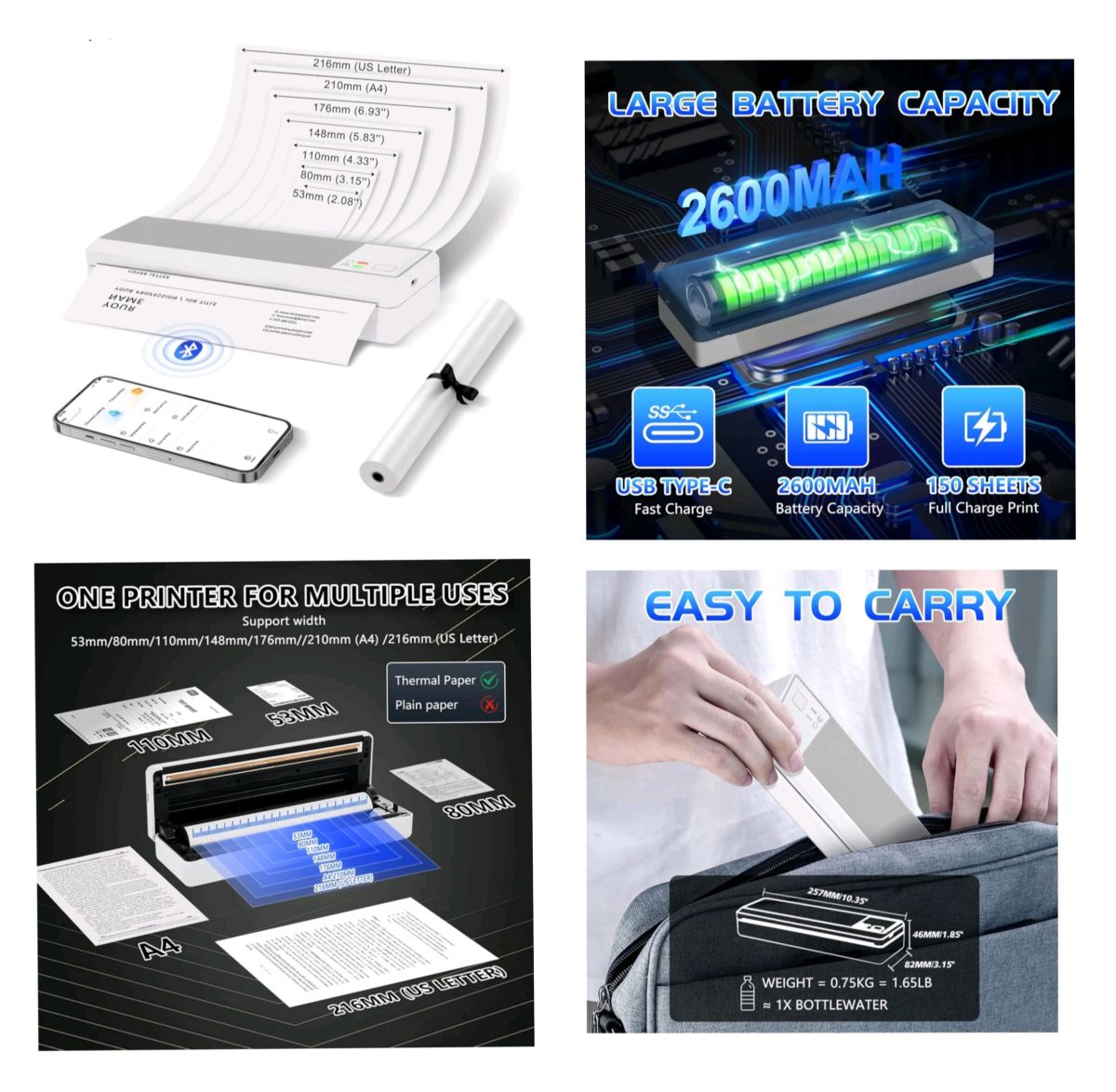 Imprimante Thermique Portable A4 Bluetooth - Sans Encre - Hi-Tech