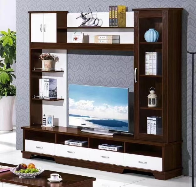 Meuble TV bois foncé avec rangements et étagères