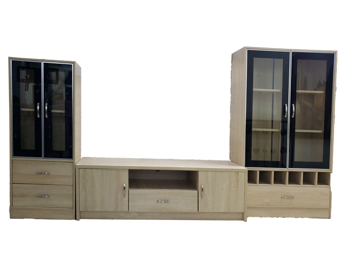 Meuble TV modulable en bois clair avec vitrines