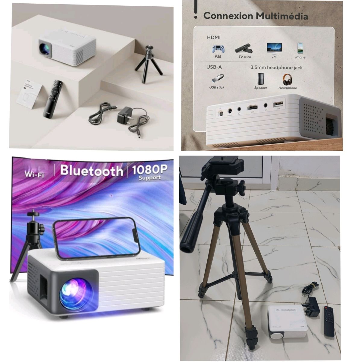 Projecteur Mini 1080P HD + 1 Trépied Pro- Support iOS, Android, PS5