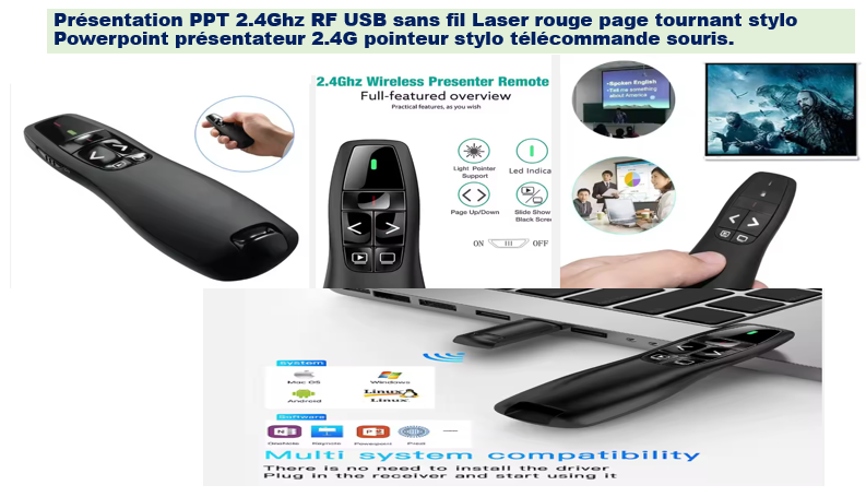 Télécommande Présentateur Sans Fil Avec Pointeur Laser - USB/Type-C, Compatible PowerPoint, Keynote, Windows, Mac - Noir
