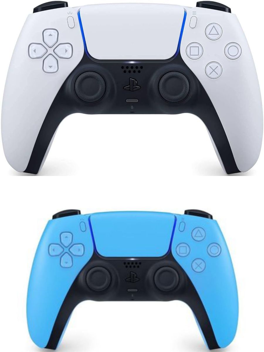 Deux manettes PS5 blanches et bleues, en excellent état