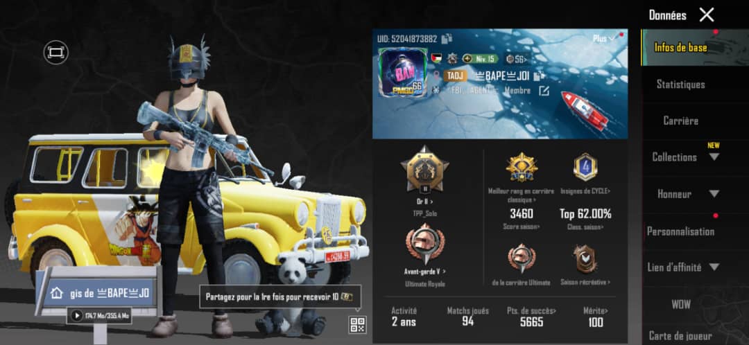 Compte Pub Mobile avec collection d\'armes M416 et Groza