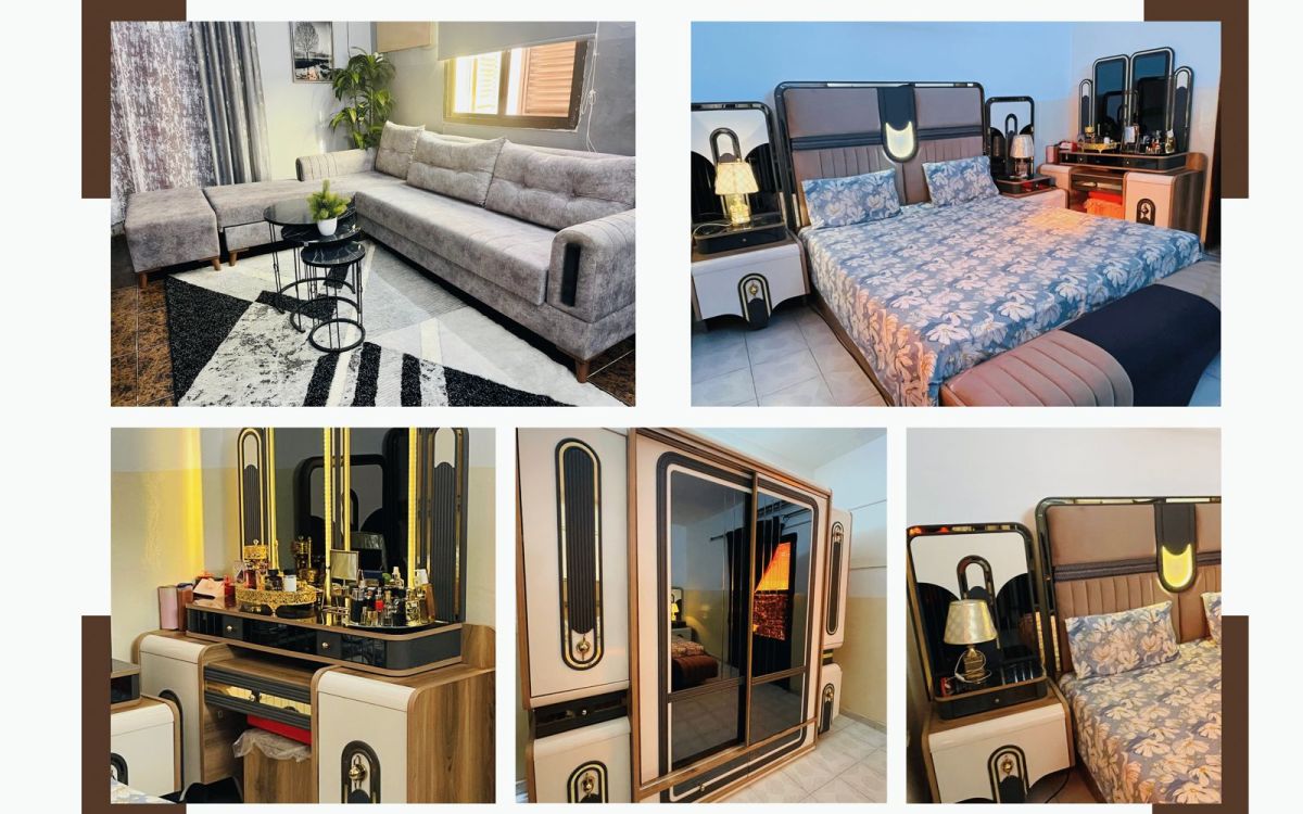 Chambre à coucher complète + Salon en L avec accessoires