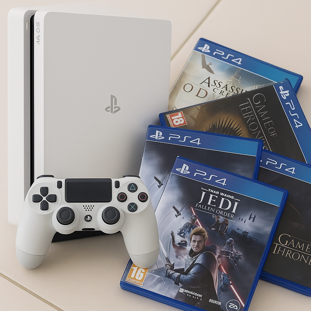 PS4 Slim Blanche en Excellent État + 2 Manettes et 6 Jeux Inclus