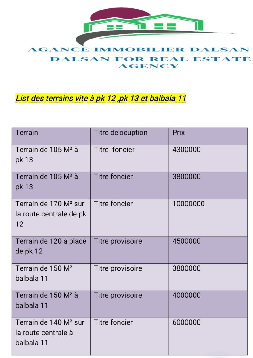 Terrain à vendre de 105 m² à pk 13